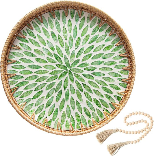 Round Rattan Tray Home Decor with Wood Bead Garland, 12'' Wicker Serving Tray with Mother of Pearl Inlay, Boho Decorative Tray for Coffee Table, Bathroom, Ottoman, Kitchen Table, Bathroom (Green)