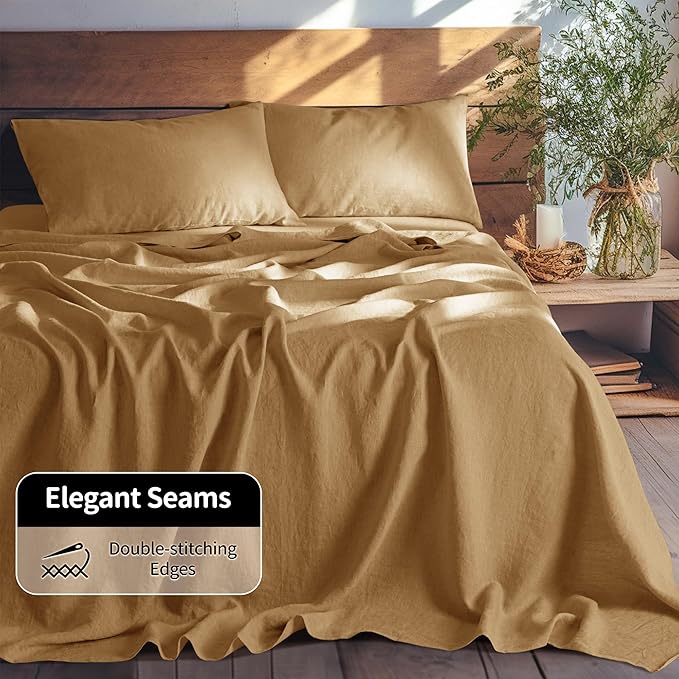 LBRO2M 100% Linen Sheet Set King Size,Bed Sheets 4 Piece Sets,Solid Color Natural Flax Bed Sheets Soft Breathable Bedding,16" Deep Pocket,All Season (King, Rust)