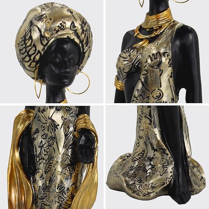 African Woman Resin Figurine – Golden Gown Tribal Sculpture with Headwrap & Jewelry, Elegant Handmade Figurine for Shelf, Mantel, Living Room or Office Decor