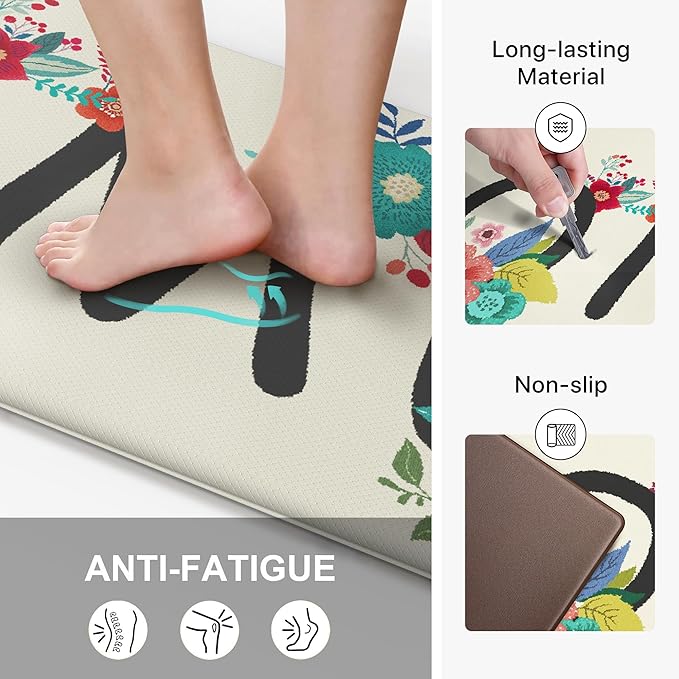 GENIMO Anti Fatigue Kitchen Mats for Floor, Non Slip Washable Home Theme Rugs Sets of 2, Farmhouse Cushioned Waterproof Comfort Runner Rug for Kitchen, Sink, Desk, Laundry, 17"x 59"+17"x 30", White