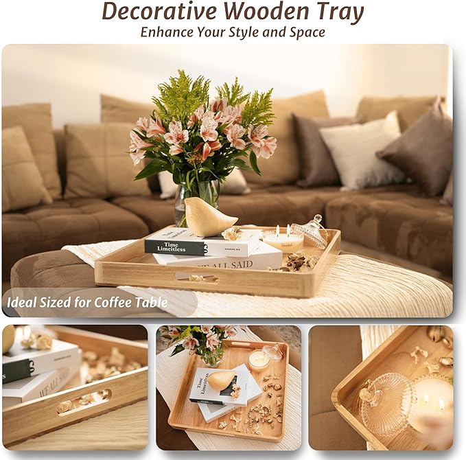 Wooden Ottoman Tray for Living Room – Large 19" Square Serving Tray with Handles & 6 Coasters Set, Ideal for Coffee Table, Couch, Kitchen, Breakfast, Food, Drinks & Home Decor