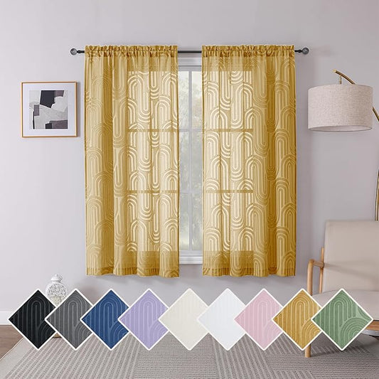 Simplebrand Gold Sheer Curtains 63 Inch Length 2 Panels, Light Filtering Semi Sheer Curtains for Bedroom, Geometric Jacquard Clip Textured Window Semi Sheer Curtains Drapes, 42Wx63L Inches