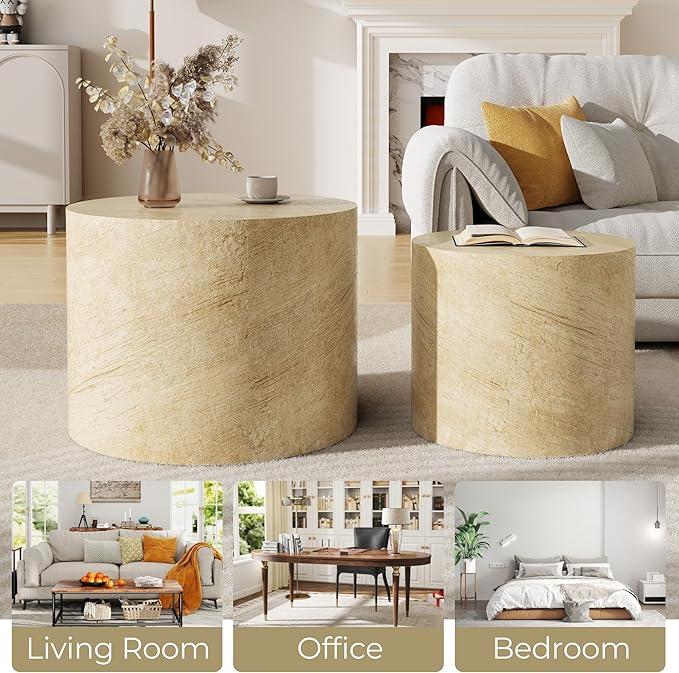 Nesting Coffee Table Set of 2, Round Beige Nesting Table Modern Circle Coffee Tables Side End Tables for Small Spaces Living Room, Bedroom, Balcony, Office