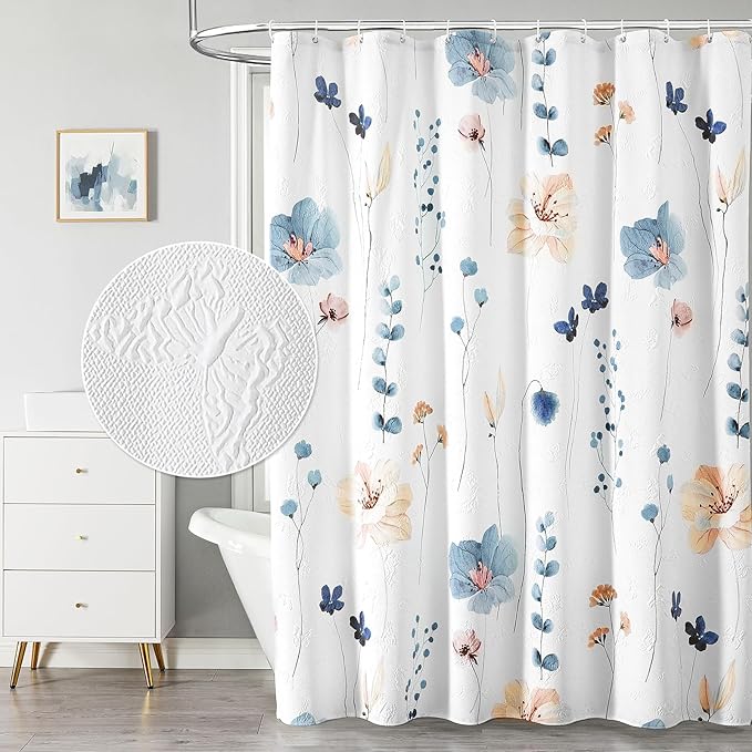 QiyI Watercolor Floral Shower Curtain, 3D Embossed Butterflies Blue Beige Flower Bathroom Curtain, Minimalist White Cloth Bath Curtain, Waterproof Fabric Textured Shower Curtain Set with Hooks, 72x72