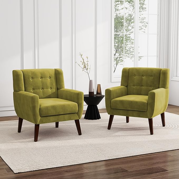UIXE Accent Chairs Set of 2, Velvet Upholstered Armchair for Living Room, Modern Club Arm Chairs Comfy Single Sofa Button Tufted Bedroom Reading Seat - Green