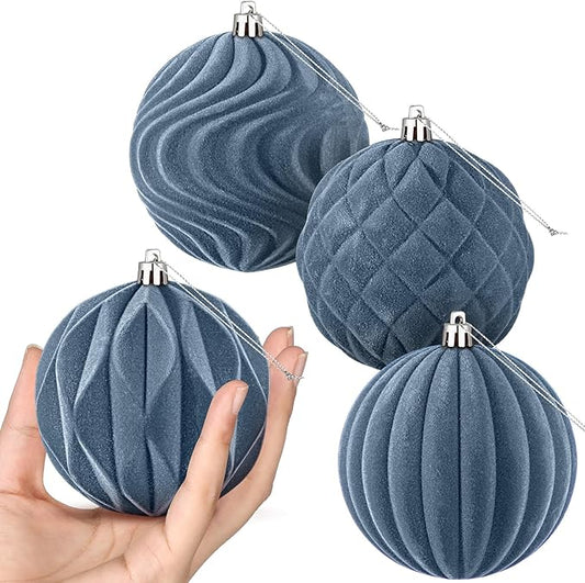 4 Pcs 4 Inch Large Velvet Christmas Ball Ornaments Vintage Christmas Plastic Ball Ornaments Flocked Tree Hanging Decoration for Xmas Party Wedding Home Decor(Grey Blue)