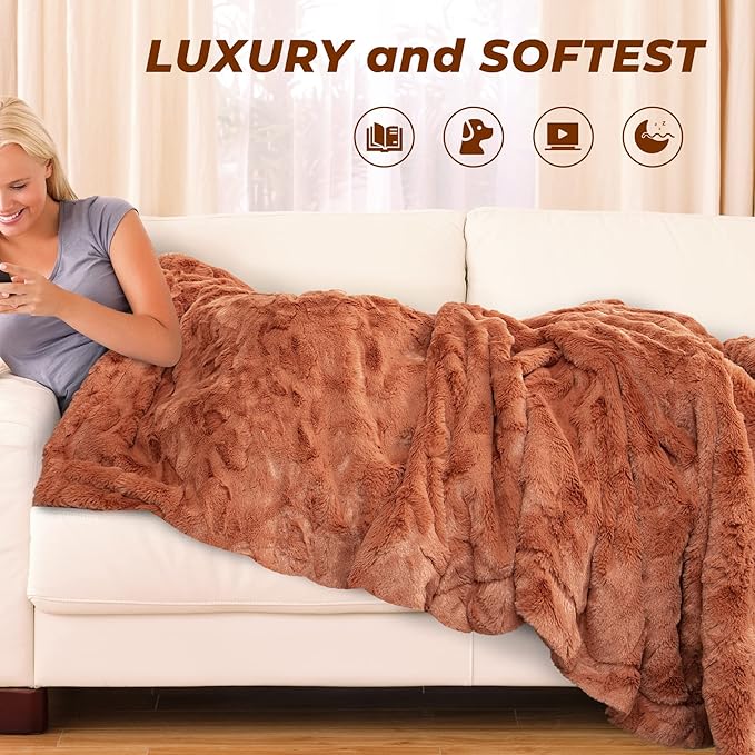 TOONOW Faux Fur Luxury Throw Blanket,Double Side Soft Fluffy Shaggy Fuzzy Blanket for Couch Sofa Bed (Carnelian, Throw)