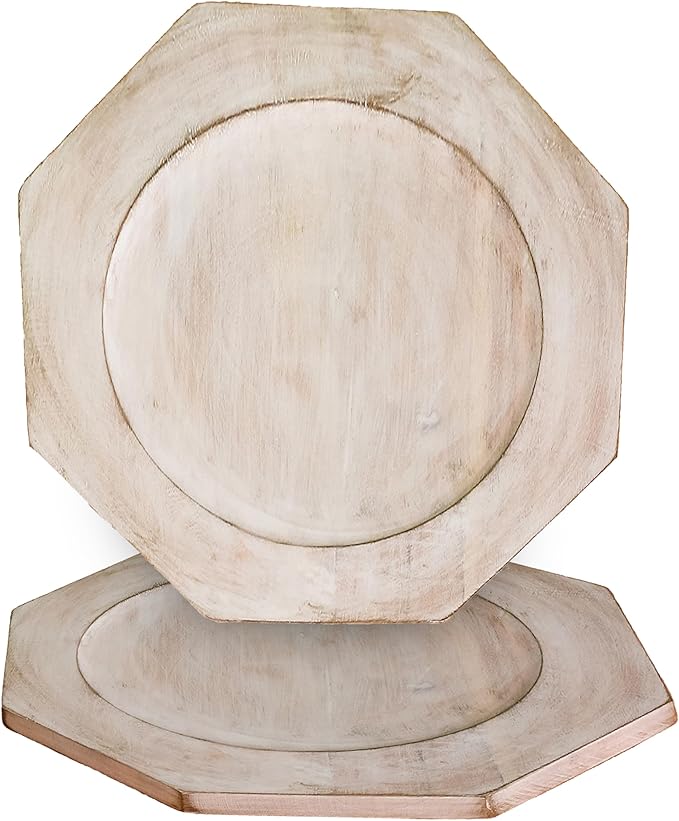 Alpha Living Home 2 Piece Handcrafted Wooden Plate - 13" Round Wood Dish, Party Platter and Tray for Sandwich Bread Serving, Appetizer Display, Vintage Ring Dish (White)