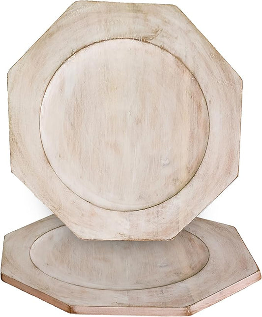 Alpha Living Home 2 Piece Handcrafted Wooden Plate - 13" Round Wood Dish, Party Platter and Tray for Sandwich Bread Serving, Appetizer Display, Vintage Ring Dish (White)