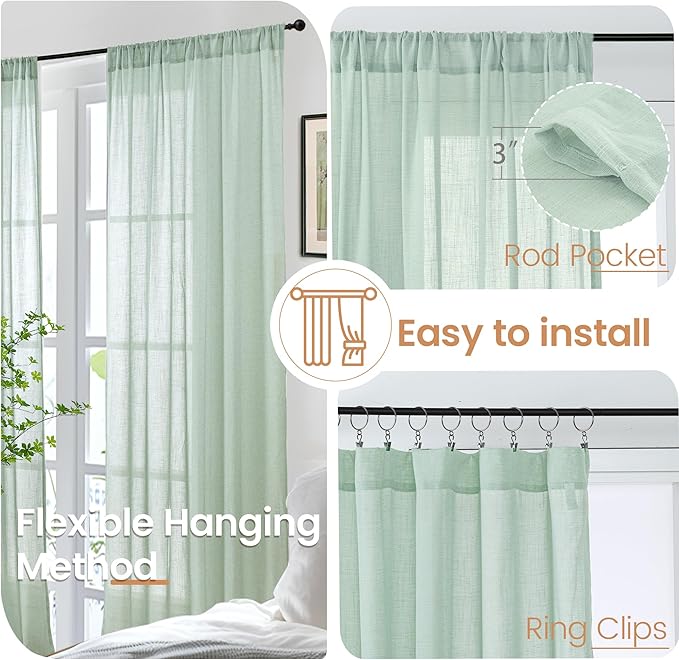 BGment 40 Inch Length Sage Green Linen Curtains for Short Window - Rod Pocket Light Filtering Drapes Natural Textured for Cafe Bedroom Decorative Lightweight Rustic, 2 Panels Set, 42 X 40 Inch