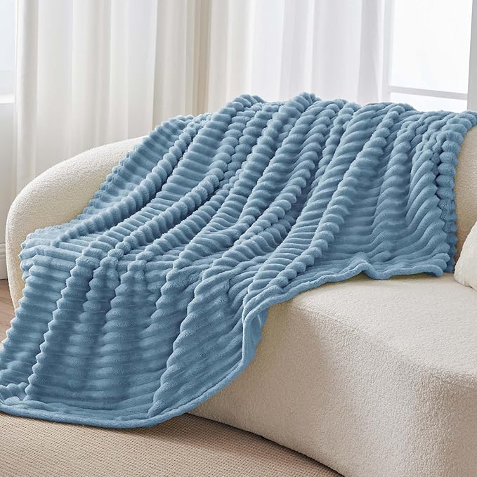 BEDELITE Fleece Throw Blanket for Couch - 300GSM Soft & Warm Fluffy Light Blue Blanket, Decorative and Giftable Striped Blankets for Women, Men, 50"x70"