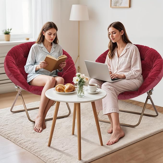 Magshion Saucer Chair for Adults, Comfy Living Room Lounge Chair for Bedroom Corner, Dorm, Apartment, Faux Fur Fluffy Circle Accent Seat with Thick Padded & Folding Metal Frame (Burgundy, Set of 2)