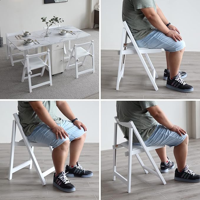 FUNROLUX Folding Dining Chairs with Padded Cushion, Wooden Portable Stackable Foldable Chairs Set of 2 with Solid Wood Frame for Kitchen, Party, RV, No Assembly, White