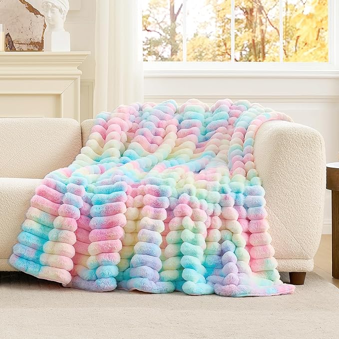 Cozy Bliss Faux Fur Throw Blanket for Couch, Cozy Warm Plush Striped Blanket for Sofa Bedroom Living Room, 60 * 80 Inches Tie-dye Rainbow