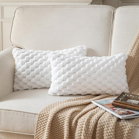 Pack of 2 Super Soft Throw Pillow Covers 12x20 Inch Faux Fur Plush Pillowcase Luxury Cozy Fluffy Decorative Cushion Cover for Sofa Couch Bed Livingroom Cream White