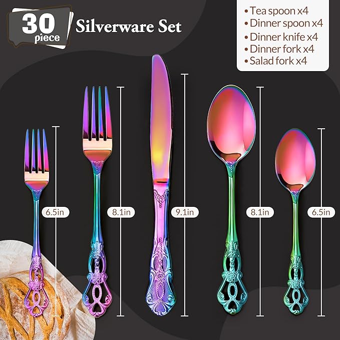 Silverware Set, 30 Pieces Retro Royal Silverware Set for 6, Anti-rust Stainless Steel Flatware Set Including Fork Spoon and Knife, Dishwasher Safe, Rainbow