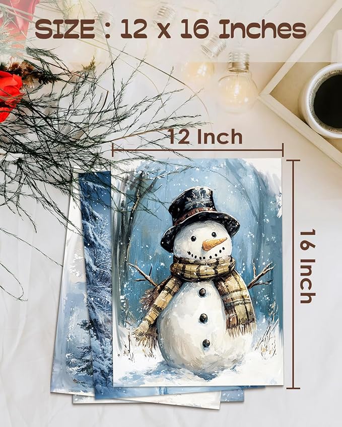 Wheatwin Winter Wonderland Vintage Christmas Wall Art Prints Set of 4, Blue Christmas Tree Snowman Wall Decor, Winter Xmas Decor for Bathroom Home Bedroom Living Room, 12x16 (Unframed)