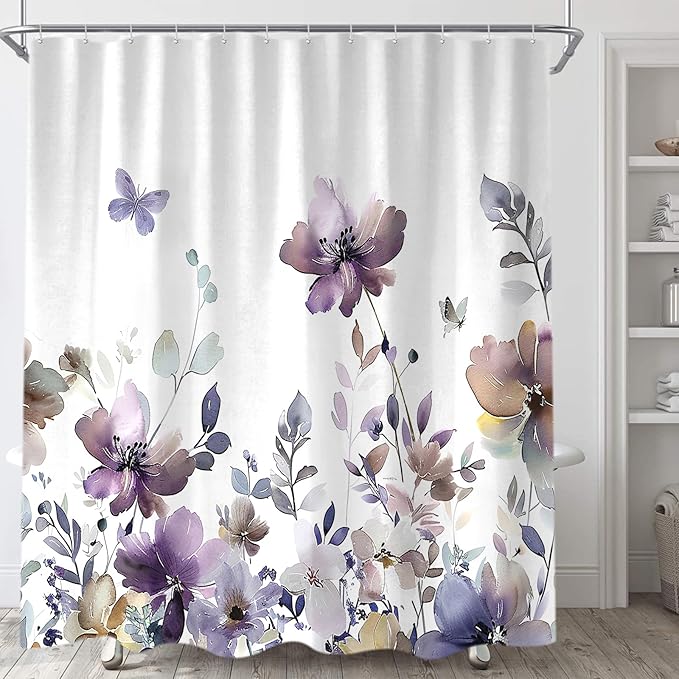 Sanzugh Purple Floral Shower Curtain, Cute Boho Watercolor Flower Wildflower Leaves Butterfly White Fabric Shower Curtains Set for Bathroom Decorative with Hooks 72 X 72 inch Spring Bath Decor