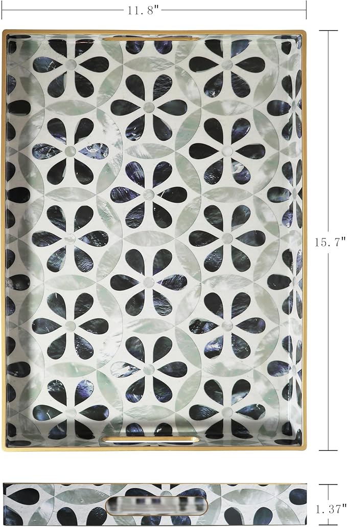 Boho Sturdy Acrylic Serving Tray with Handles, Rectangular for Coffee Table, Food, Breakfast - Kitchen Countertop, Ottoman - Plastic Decorative, 15.7" x 11.8"