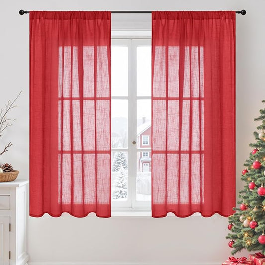 BGment Linen Curtains 54 Inch Length for Short Bedroom Window, Red Semi Sheer Drapes Lightweight Rustic Textured for Living Room Farmhouse Fall Decor Rod Pocket, 2 Panels Set, Each 42 Inch Wide