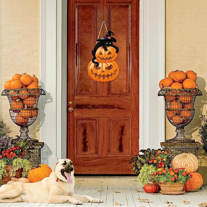 HPNIUB Black Cat Halloween Plaque, Cute & Scary Wooden Sign for Front Door Decor - 9.4x15.3 Inch