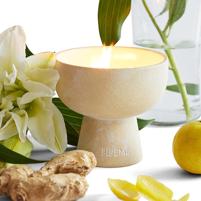 BLUEME Yuzu & Ginger, Luxury Candle w/Essential Oils, 3 Wick, Hand-Poured Soy, Cotton Wick, Ceramic