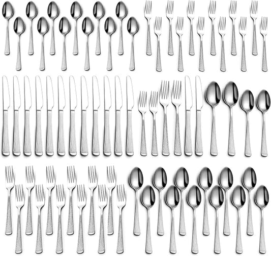 Yoehka 60-Piece Hammered Silverware Set for 12, Stainless Steel Flatware Set with Roman Column Handles, Mirror Polished Cutlery/Utensils Set for Home, Restaurant, Hotel, Dishwasher safe