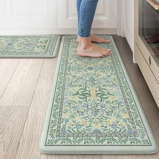 Collive Kitchen Mats for Floor 2PCS, Cushioned Anti Fatigue Mat Non Slip Waterproof Kitchen Rugs, Spring Floral Comfort Standing Rug for Home, Office, Sink, Laundry, 17"x30"+17"x47"