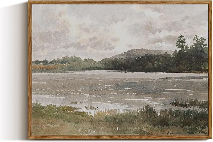 VIYYIEA Vintage Nature Framed Wall Art, Lakeside Landscape Paintings Art Decor Aesthetic, Canvas Print Artwork, Retro Scenery Wall Pictures for Bedroom Bathroom Office 12X16 Inch