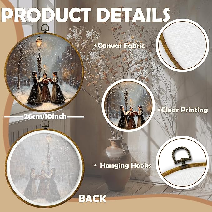 CUANFDDSF Christmas Women Reading Book Round Wall Art, Vintage Christmas Street Scene Framed Hanging Wall Decor, Xmas Bookish Canvas Prints Decorations for Library Reading Room Bedroom, 10x10 Inch