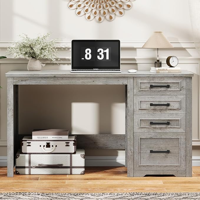 Vabches Farmhouse 49” Executive Desk with File Drawer, 4 Drawers Reversible Computer Desk with Storage, Rustic Home Writing Workstation for Home Office.Grey