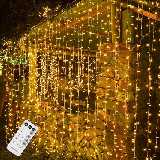 WATERGLIDE 300 LED Curtain Lights, Remote Control Christmas Decorative Hanging String Lights, 8 Lighting Modes, Plug in for Indoor Outdoor Holiday Party Garden Backdrop Wedding Home Decor, Warm White