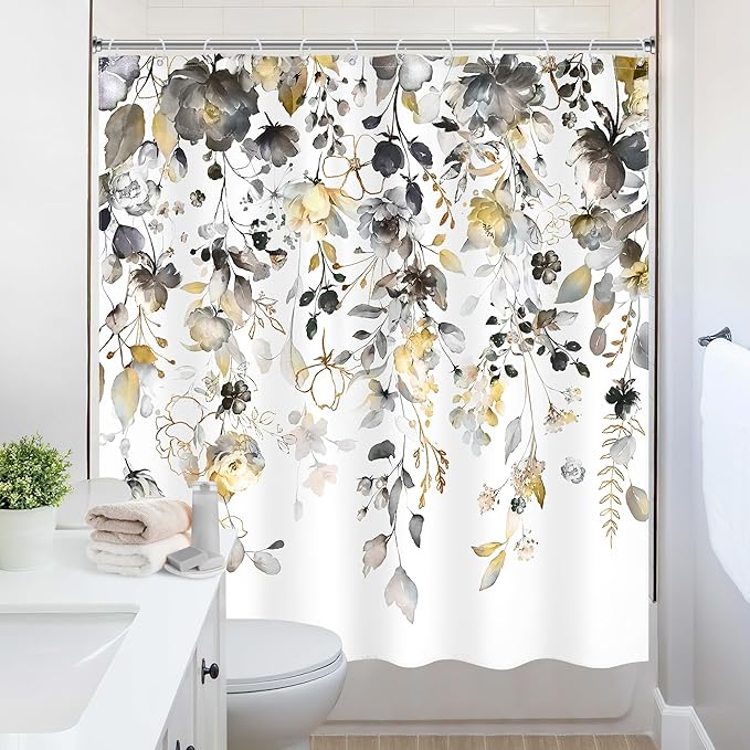 Yellow Grey Floral Shower Curtain 72Wx72L Inch Gray Flower Pastel Rustic Eucalyptus Leaf Watercolor Country Bathroom Set Plant Botanical Bath Curtain Bathtub Accessories Home Decor