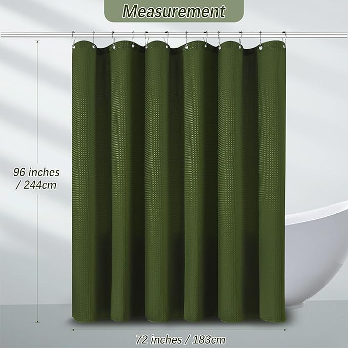 Extra Long Green Bathroom Decor Waffle Shower Curtain 96 Inches 256GSM Heavy Duty Shower Curtain Set, Hotel Quality Water Repellent Modern Shower Curtains with 12 Hooks,72Wx96H