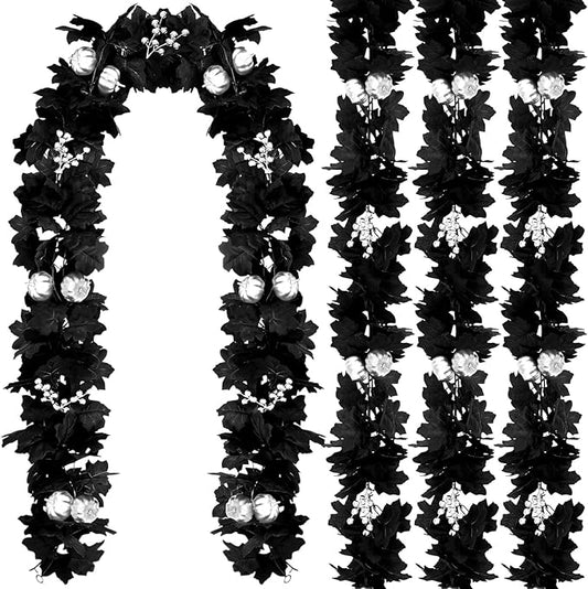 4 Pcs Halloween Garland for Mantle Total 36ft Black Maple Leaves Garland with Pumpkin Berry Artificial Halloween Decor Banner Hanging Wreath for Fall Indoor Outdoor Porch Party Decoration