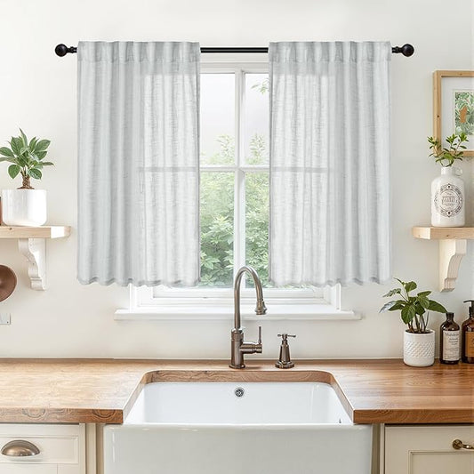 YoungsTex Light Grey Linen Semi Sheer Curtains 40 Inch Length for Short Window, Textured Window Drapes Light Filtering with Rod Pocket Back Tab for Cafe Bathroom, 2 Panels, 42 X 40 Inch