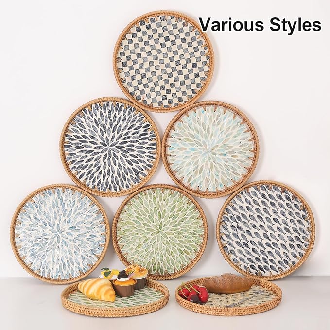 Round Rattan Tray with Mother of Pearl Inlay, Rattan Serving Tray for Coffee, Bread, Fruits, Decorative Wicker Tray for Table Decor, Home Decor, Kitchen Island Decor (Dark Blue Fish, 11.8")