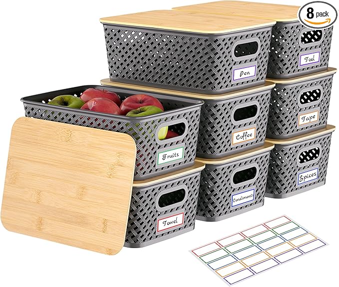 8 Packs Plastic Storage Bins with Bamboo Lids - Stackable Storage Bins Decorative Small Basket Containers for Organizing Shelves Office Classroom Desktop Closet, Grey