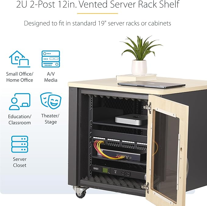 StarTech.com 2U Rack Shelf, 12" Mounting Depth, Vented Cantilever Tray for 19" AV/Network Equipment, 25lb Capacity, for Small Office/Home Office