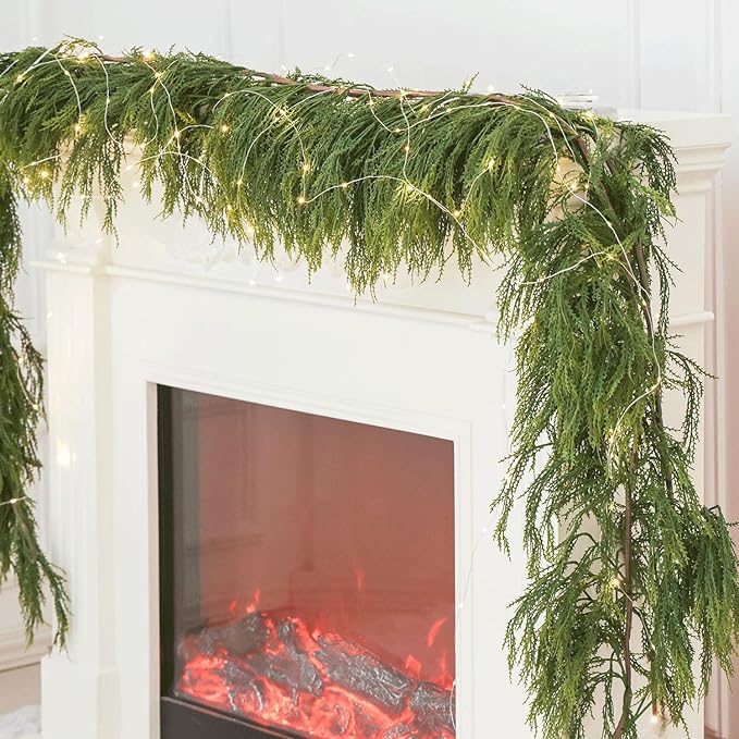 6ft Handmade Christmas Garland,Cedar Artificial Greenery with LED Lights,Seasonal Garland for Fireplace Winter Holiday Indoor Outdoor Decoration