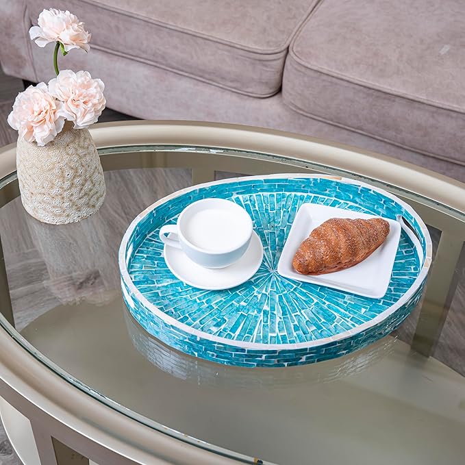 PEMAR 15.7" x 11.8" Oval Capiz Shell Serving Tray, Decorative Ottoman Tray for Living Room, Coffee Table, Breakfast in Bed, Candle Display (Teal Sunlight)
