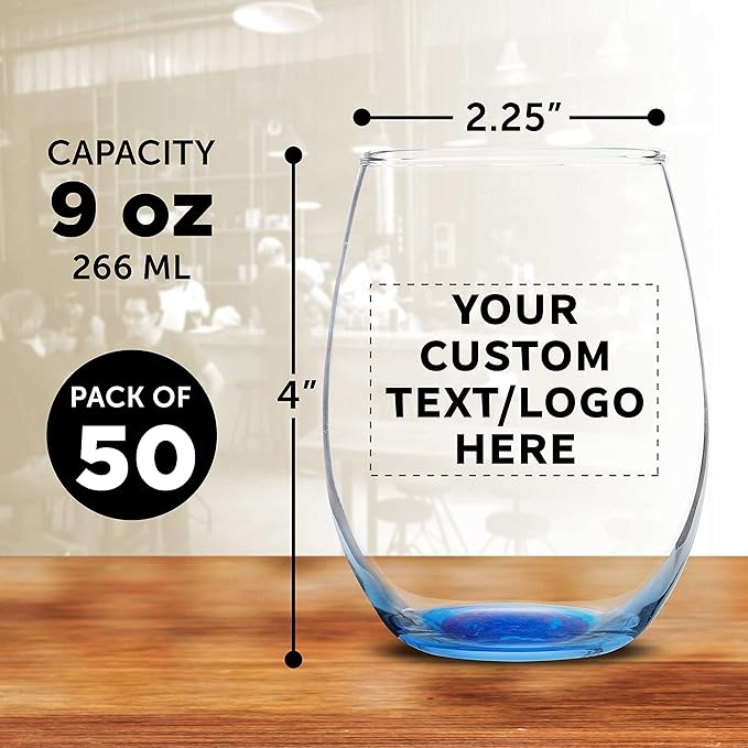 Custom Stemless Wine Glass 9 oz. Set of 50, Personalized Bulk Pack - Great for Wedding Favors, Bachelorette Party Decorations, Party Favors, Color Bottom - Blue