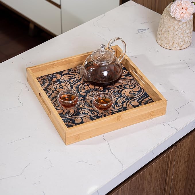 PEMAR 12.2" Square Bamboo Art Decor Tray with Handle, Food Drink Serving Tray for Breakfast Lap Bed Eating. Pattern Printed on Bamboo. Decorative Catchall Coffee Table Entryway Nightstand (Damask)