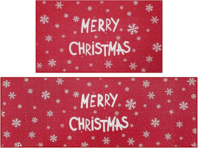 CAROMIO Kitchen Rugs and Mats Washable Non-Skid Kitchen Mats Christmas Decorative Runner Rugs Xmas Throw Floor Mats Runner for Kitchen Laundry Sink, 17"x29"+17"x47"