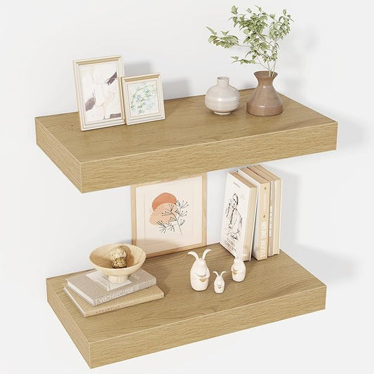 24 Inch Floating Shelves, 12" Deep Floating Shelf Wall Mounted, 24" Wall Shelves, Rustic Deep Bookshelf, Extra Deeper & Thicker Display Shelves for Bedroom, Living Room, Oak, Set of 2