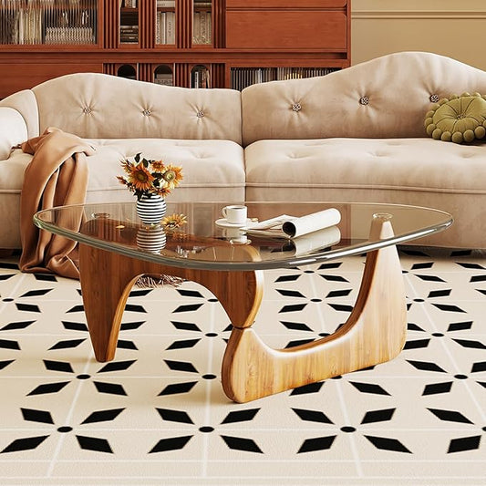 Coffee Table for Living Room Mid Century Modern Center Table with Glass Top and Oak Wood, Transparent/Walnut