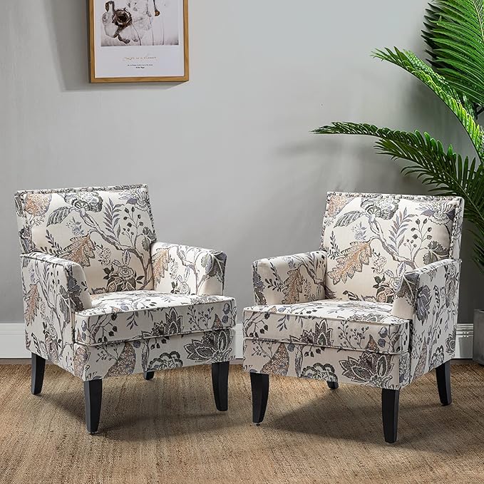 HULALA HOME Modern Accent Chairs Set of 2, Farmhouse High Back Floral Chairs with Wooden Legs & Nail Head Trim, Comfy Upholstered Armchairs for Living Room/Bedroom (Orange Grey Floral)