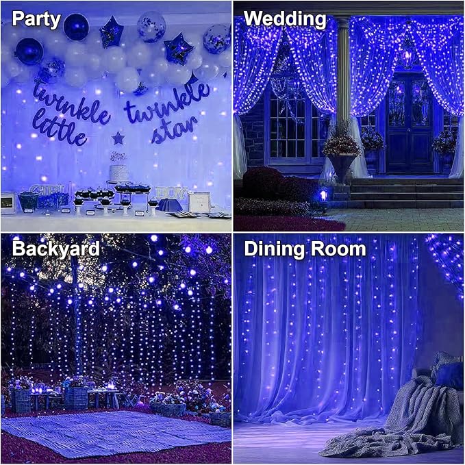 HXWEIYE 300LED Fairy Curtain Lights, 9.8x9.8Ft Blue USB Plug in 8 Modes Timer Christmas String Hanging Lights with Remote for Bedroom Backdrop Wedding Party Home Wall Garden Outdoor Indoor Decor