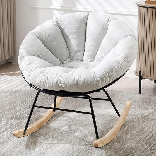 NIOIIKIT Nursery Saucer Rocking Chair, Corduroy Upholstered Round Glider Chair, Nursing Chair with Comfy Cushion, Tufted Papasan Chair, Cozy Reading Chair for Living Room, Bedroom (Beige)