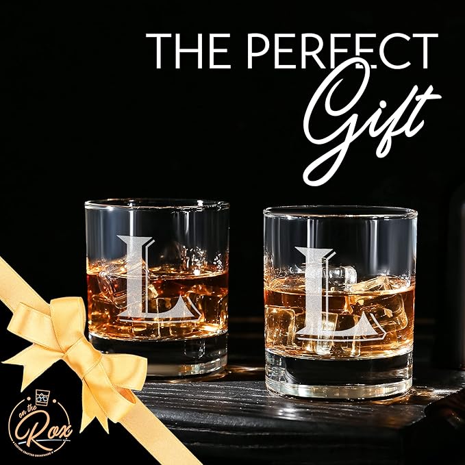 (L-Monogram)- 4 Piece Set of 11 Ounce Engraved Heavy Base Rocks Glasses Elegant Glass-Multi-Purpose Beverage-Rocks Glass- Gift for any Occasion- By: On The Rox